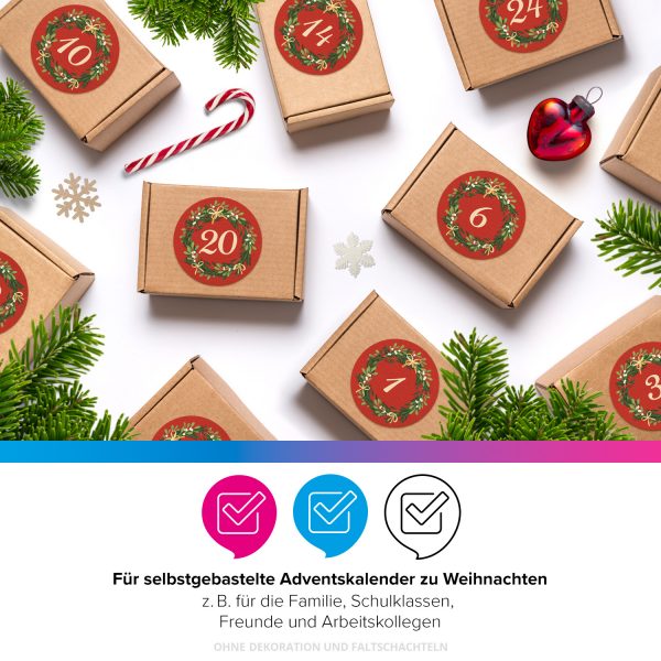 Adventskalender-Zahlen Aufkleber 1 bis 24 / Vintage Kranz rot / Etiketten / Sticker / Weihnachtskalender / Advent / Rund / DIY / zum Aufkleben – Bild 4