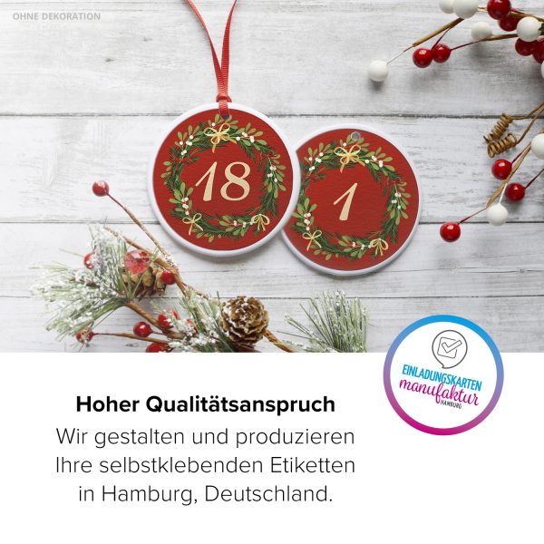 Adventskalender-Zahlen Aufkleber 1 bis 24 / Vintage Kranz rot / Etiketten / Sticker / Weihnachtskalender / Advent / Rund / DIY / zum Aufkleben – Bild 5