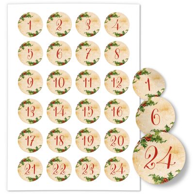 Adventskalender-Zahlen Aufkleber 1 bis 24 / Vintage Zahlen rot / Etiketten / Sticker / Weihnachtskalender / Advent / Rund / DIY / zum Aufkleben