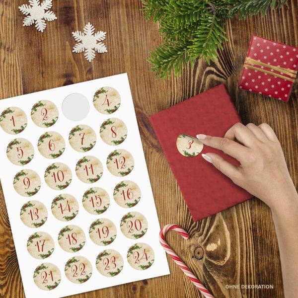 Adventskalender-Zahlen Aufkleber 1 bis 24 / Vintage Zahlen rot / Etiketten / Sticker / Weihnachtskalender / Advent / Rund / DIY / zum Aufkleben – Bild 2