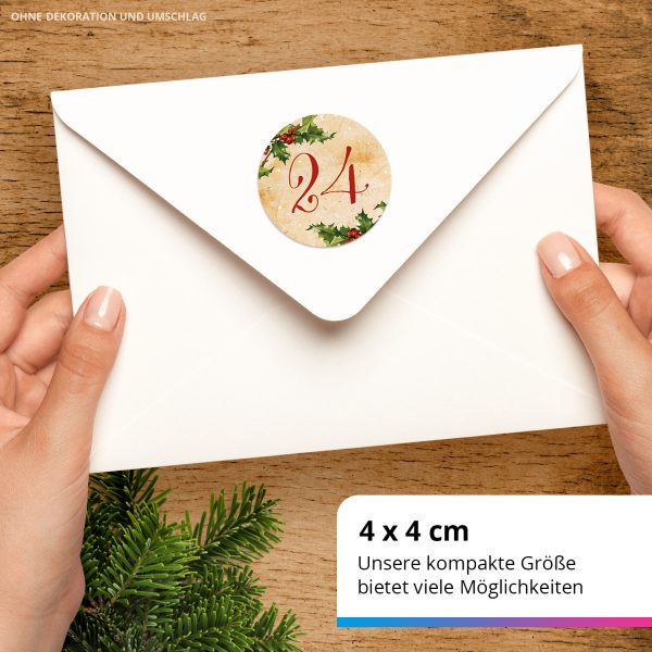 Adventskalender-Zahlen Aufkleber 1 bis 24 / Vintage Zahlen rot / Etiketten / Sticker / Weihnachtskalender / Advent / Rund / DIY / zum Aufkleben – Bild 3