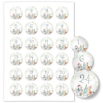 Adventskalender-Zahlen Aufkleber 1 bis 24 / Aquarell Tiere niedlich / Etiketten / Sticker / Weihnachtskalender / Advent / Rund / DIY / zum Aufkleben