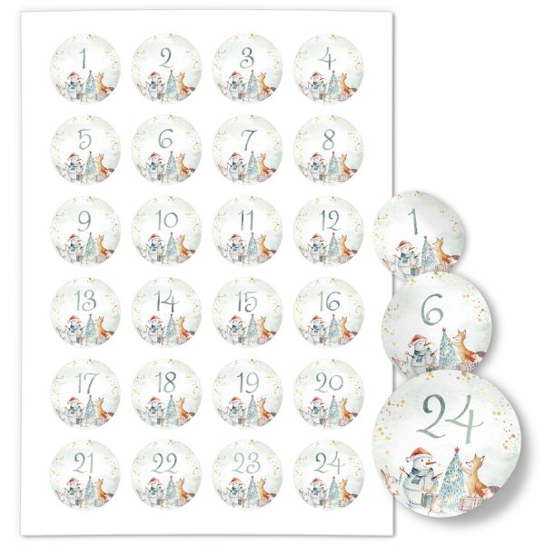 Adventskalender-Zahlen Aufkleber 1 bis 24 / Aquarell Tiere niedlich / Etiketten / Sticker / Weihnachtskalender / Advent / Rund / DIY / zum Aufkleben