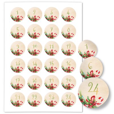 Adventskalender-Zahlen Aufkleber 1 bis 24 / Nostalgisch / Etiketten / Sticker / Weihnachtskalender / Advent / Rund / DIY / zum Aufkleben