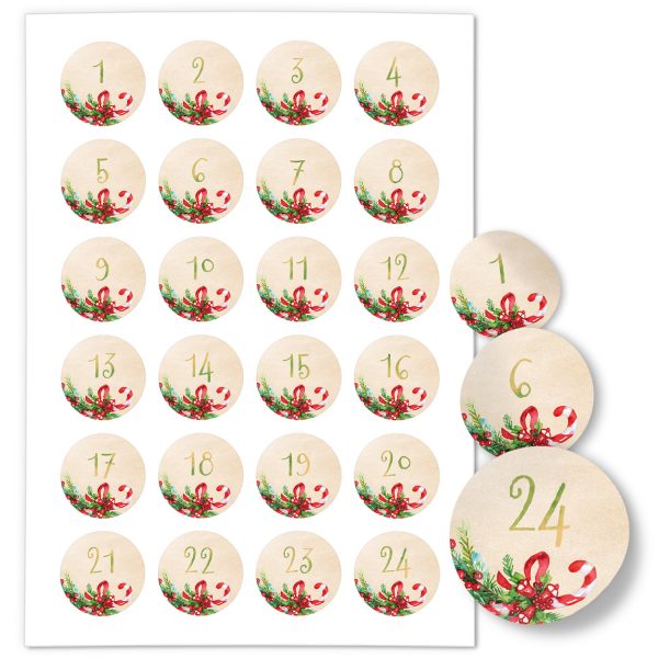 Adventskalender-Zahlen Aufkleber 1 bis 24 / Nostalgisch / Etiketten / Sticker / Weihnachtskalender / Advent / Rund / DIY / zum Aufkleben