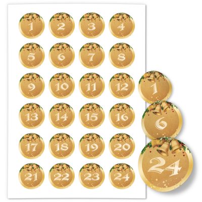 Adventskalender-Zahlen Aufkleber 1 bis 24 / Glocken Vintage / Etiketten / Sticker / Weihnachtskalender / Advent / Rund / DIY / zum Aufkleben