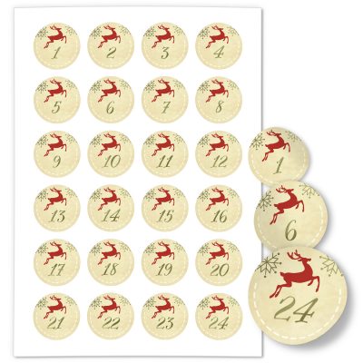 Adventskalender-Zahlen Aufkleber 1 bis 24 / Vintage Modern Rentier / Etiketten / Sticker / Weihnachtskalender / Advent / Rund / DIY / zum Aufkleben