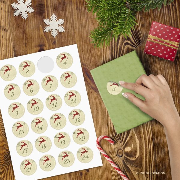 Adventskalender-Zahlen Aufkleber 1 bis 24 / Vintage Modern Rentier / Etiketten / Sticker / Weihnachtskalender / Advent / Rund / DIY / zum Aufkleben – Bild 2