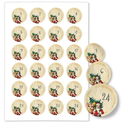 Adventskalender-Zahlen Aufkleber 1 bis 24 / Vintage Weihnachtsmann / Etiketten / Sticker / Weihnachtskalender / Advent / Rund / DIY / zum Aufkleben