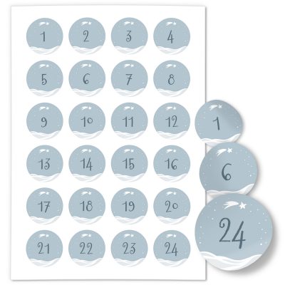 Adventskalender-Zahlen Aufkleber 1 bis 24 / Schneelandschaft / Etiketten / Sticker / Weihnachtskalender / Advent / Rund / DIY / zum Aufkleben