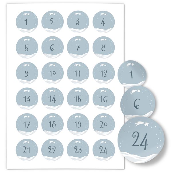 Adventskalender-Zahlen Aufkleber 1 bis 24 / Schneelandschaft / Etiketten / Sticker / Weihnachtskalender / Advent / Rund / DIY / zum Aufkleben