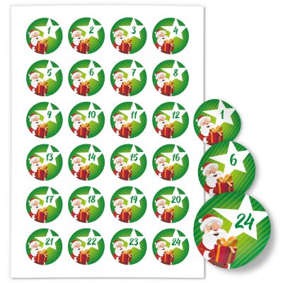 Adventskalender-Zahlen Aufkleber 1 bis 24 / Weihnachtsmann modern grün / Etiketten / Sticker / Weihnachtskalender / Advent / Rund / DIY / zum Aufkleben