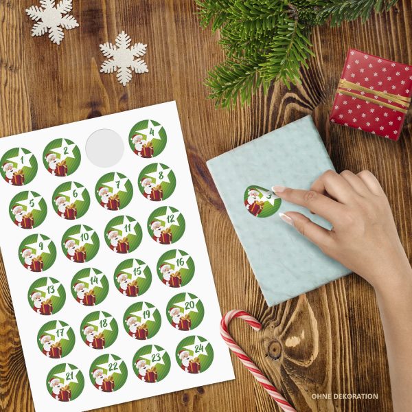 Adventskalender-Zahlen Aufkleber 1 bis 24 / Weihnachtsmann modern grün / Etiketten / Sticker / Weihnachtskalender / Advent / Rund / DIY / zum Aufkleben – Bild 2