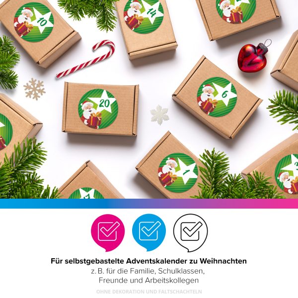 Adventskalender-Zahlen Aufkleber 1 bis 24 / Weihnachtsmann modern grün / Etiketten / Sticker / Weihnachtskalender / Advent / Rund / DIY / zum Aufkleben – Bild 4