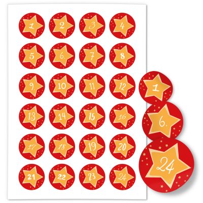 Adventskalender-Zahlen Aufkleber 1 bis 24 / gelbe Sterne auf Rot / Etiketten / Sticker / Weihnachtskalender / Advent / Rund / DIY / zum Aufkleben