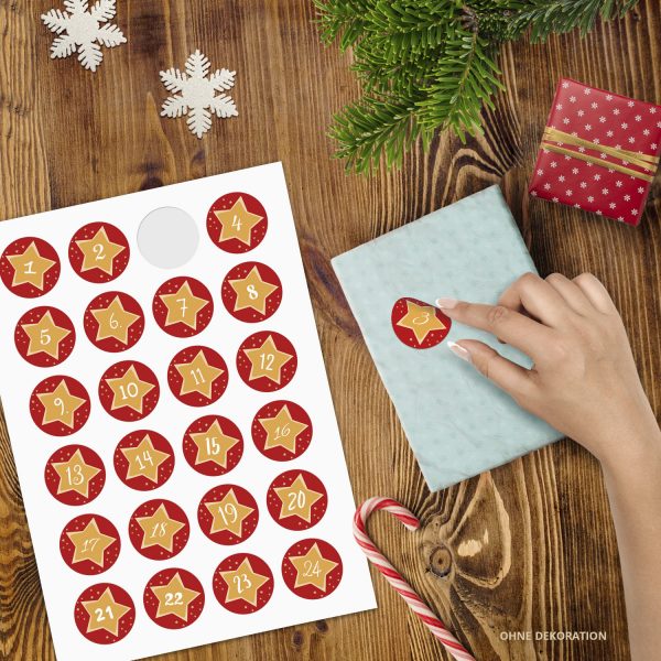 Adventskalender-Zahlen Aufkleber 1 bis 24 / gelbe Sterne auf Rot / Etiketten / Sticker / Weihnachtskalender / Advent / Rund / DIY / zum Aufkleben – Bild 2