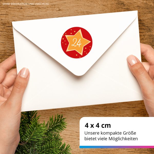 Adventskalender-Zahlen Aufkleber 1 bis 24 / gelbe Sterne auf Rot / Etiketten / Sticker / Weihnachtskalender / Advent / Rund / DIY / zum Aufkleben – Bild 3