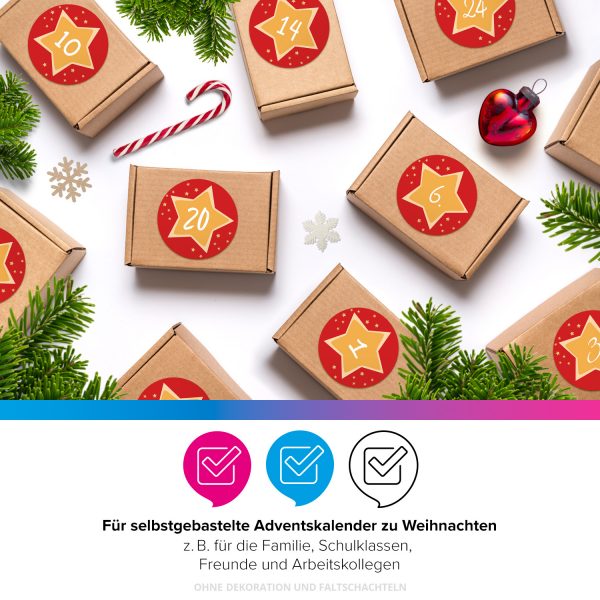 Adventskalender-Zahlen Aufkleber 1 bis 24 / gelbe Sterne auf Rot / Etiketten / Sticker / Weihnachtskalender / Advent / Rund / DIY / zum Aufkleben – Bild 4