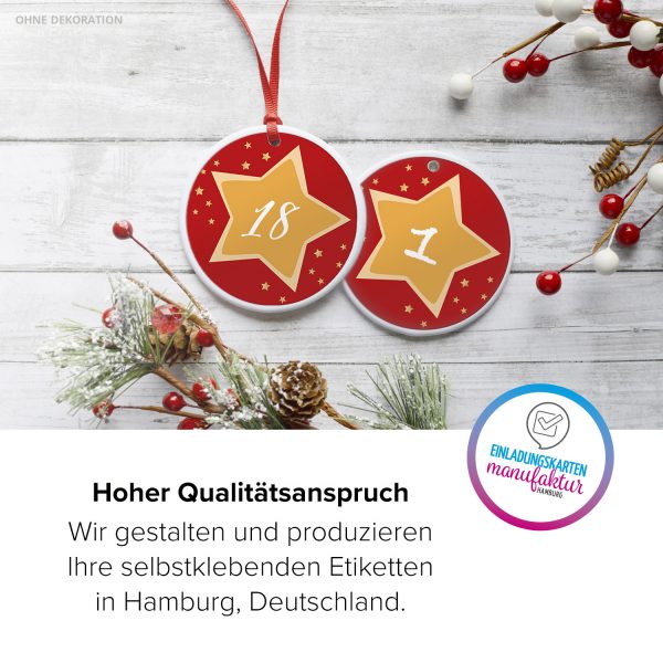 Adventskalender-Zahlen Aufkleber 1 bis 24 / gelbe Sterne auf Rot / Etiketten / Sticker / Weihnachtskalender / Advent / Rund / DIY / zum Aufkleben – Bild 5