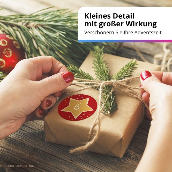 Adventskalender-Zahlen Aufkleber 1 bis 24 / gelbe Sterne auf Rot / Etiketten / Sticker / Weihnachtskalender / Advent / Rund / DIY / zum Aufkleben – Bild 6