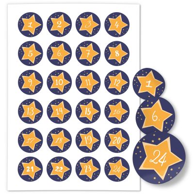 Adventskalender-Zahlen Aufkleber 1 bis 24 / Gelbe Sterne auf Blau / Etiketten / Sticker / Weihnachtskalender / Advent / Rund / DIY / zum Aufkleben