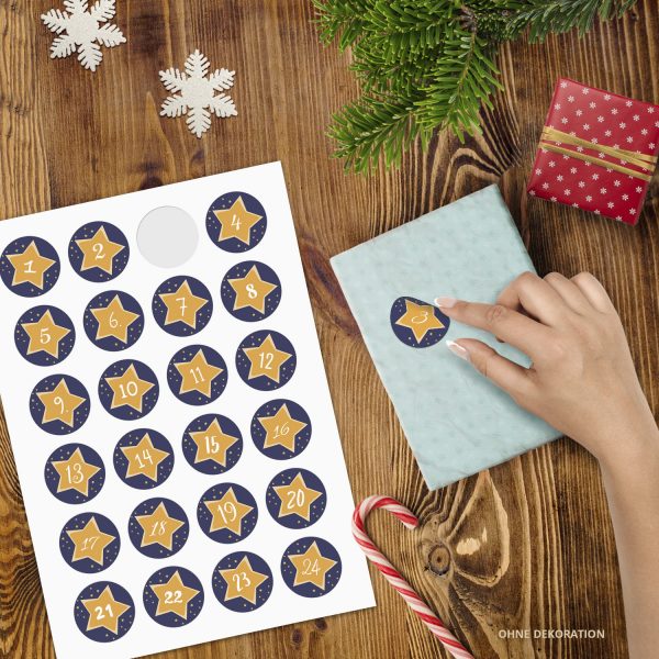 Adventskalender-Zahlen Aufkleber 1 bis 24 / Gelbe Sterne auf Blau / Etiketten / Sticker / Weihnachtskalender / Advent / Rund / DIY / zum Aufkleben – Bild 2