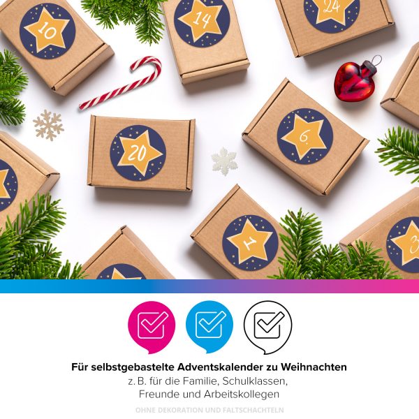 Adventskalender-Zahlen Aufkleber 1 bis 24 / Gelbe Sterne auf Blau / Etiketten / Sticker / Weihnachtskalender / Advent / Rund / DIY / zum Aufkleben – Bild 4