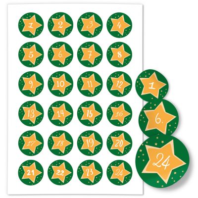 Adventskalender-Zahlen Aufkleber 1 bis 24 / Gelbe Sterne auf Grün / Etiketten / Sticker / Weihnachtskalender / Advent / Rund / DIY / zum Aufkleben
