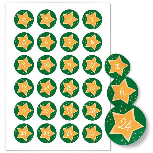 Adventskalender-Zahlen Aufkleber 1 bis 24 / Gelbe Sterne auf Grün / Etiketten / Sticker / Weihnachtskalender / Advent / Rund / DIY / zum Aufkleben