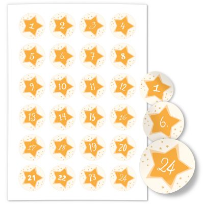 Adventskalender-Zahlen Aufkleber 1 bis 24 / Gelbe Sterne  / Etiketten / Sticker / Weihnachtskalender / Advent / Rund / DIY / zum Aufkleben
