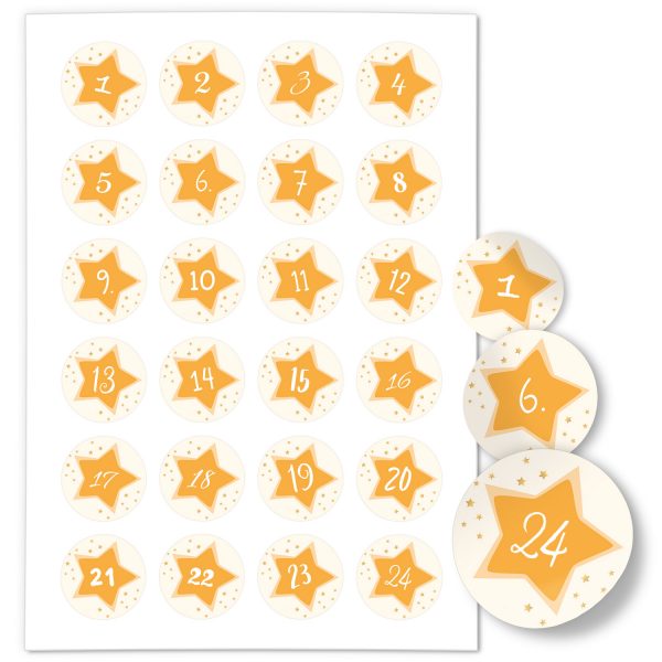 Adventskalender-Zahlen Aufkleber 1 bis 24 / Gelbe Sterne  / Etiketten / Sticker / Weihnachtskalender / Advent / Rund / DIY / zum Aufkleben