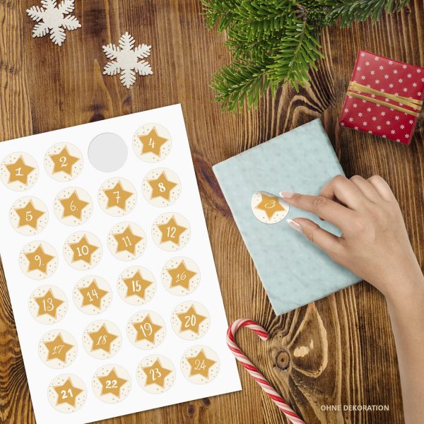 Adventskalender-Zahlen Aufkleber 1 bis 24 / Gelbe Sterne  / Etiketten / Sticker / Weihnachtskalender / Advent / Rund / DIY / zum Aufkleben – Bild 2