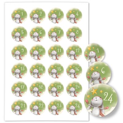Adventskalender-Zahlen Aufkleber 1 bis 24 / Niedlicher Hase Sterne Grün / Etiketten / Sticker / Weihnachtskalender / Advent / Rund / DIY / zum Aufkleben