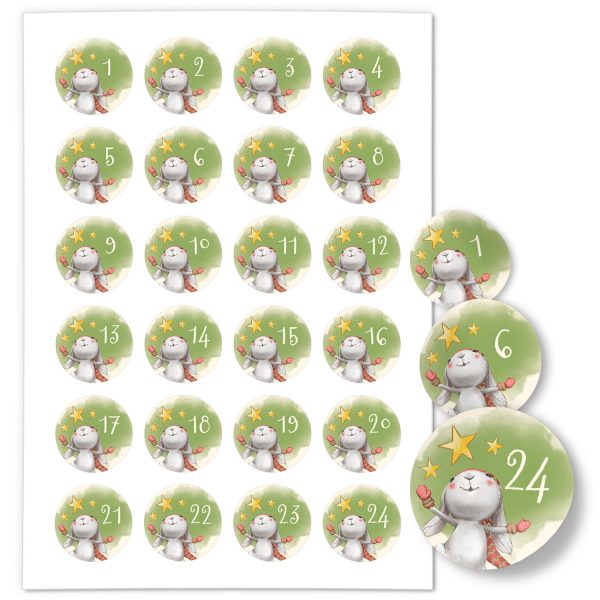 Adventskalender-Zahlen Aufkleber 1 bis 24 / Niedlicher Hase Sterne Grün / Etiketten / Sticker / Weihnachtskalender / Advent / Rund / DIY / zum Aufkleben