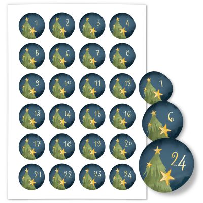 Adventskalender-Zahlen Aufkleber 1 bis 24 / Tannenbaum Zauberhaft blau / Etiketten / Sticker / Weihnachtskalender / Advent / Rund / DIY / zum Aufkleben