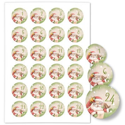 Adventskalender-Zahlen Aufkleber 1 bis 24 / Zauberhafter Weihnachtsmann / Etiketten / Sticker / Weihnachtskalender / Advent / Rund / DIY / zum Aufkleben