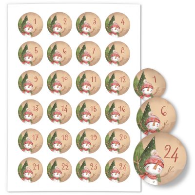 Adventskalender-Zahlen Aufkleber 1 bis 24 / Niedlicher Schneemann / Etiketten / Sticker / Weihnachtskalender / Advent / Rund / DIY / zum Aufkleben