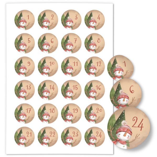Adventskalender-Zahlen Aufkleber 1 bis 24 / Niedlicher Schneemann / Etiketten / Sticker / Weihnachtskalender / Advent / Rund / DIY / zum Aufkleben