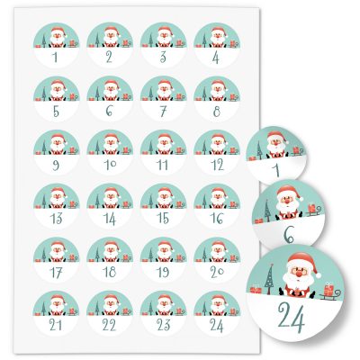 Adventskalender-Zahlen Aufkleber 1 bis 24 / Modern Türkis Weihnachtsmann / Etiketten / Sticker / Weihnachtskalender / Advent / Rund / DIY / zum Aufkleben