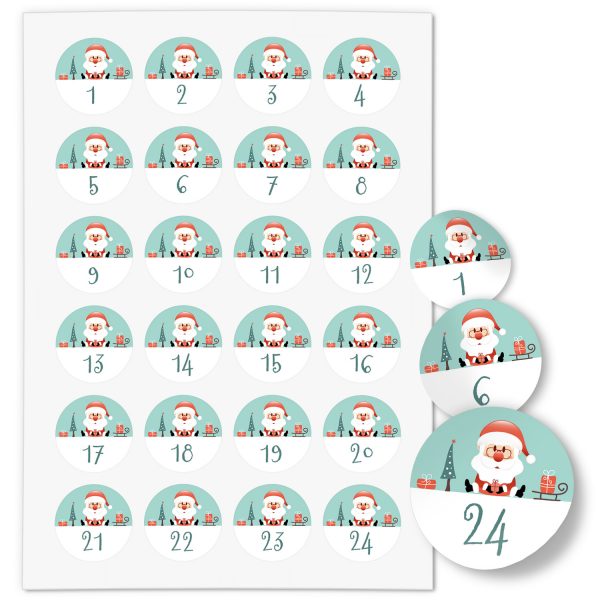 Adventskalender-Zahlen Aufkleber 1 bis 24 / Modern Türkis Weihnachtsmann / Etiketten / Sticker / Weihnachtskalender / Advent / Rund / DIY / zum Aufkleben