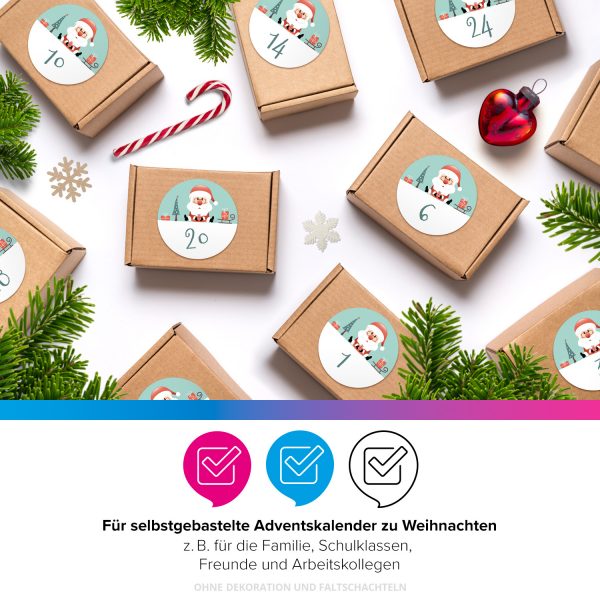 Adventskalender-Zahlen Aufkleber 1 bis 24 / Modern Türkis Weihnachtsmann / Etiketten / Sticker / Weihnachtskalender / Advent / Rund / DIY / zum Aufkleben – Bild 4