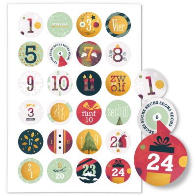 Adventskalender-Zahlen Aufkleber 1 bis 24 / Bunter Moderner Mix / Etiketten / Sticker / Weihnachtskalender / Advent / Rund / DIY / zum Aufkleben