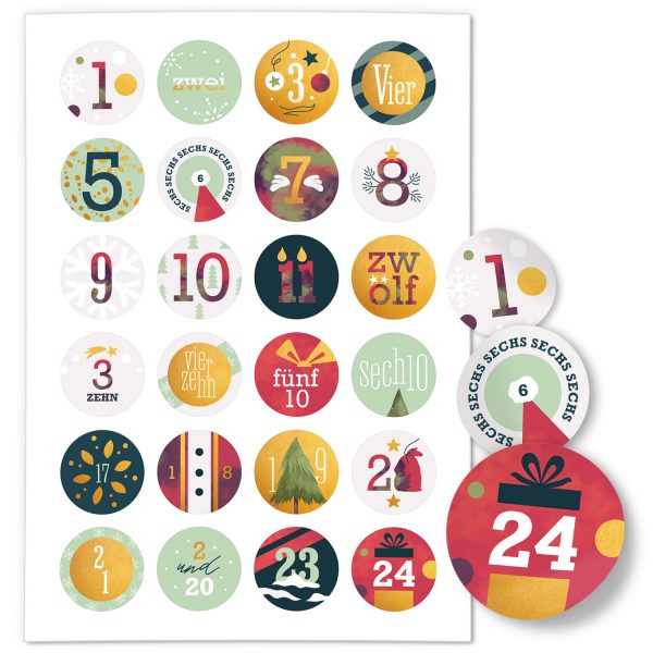 Adventskalender-Zahlen Aufkleber 1 bis 24 / Bunter Moderner Mix / Etiketten / Sticker / Weihnachtskalender / Advent / Rund / DIY / zum Aufkleben