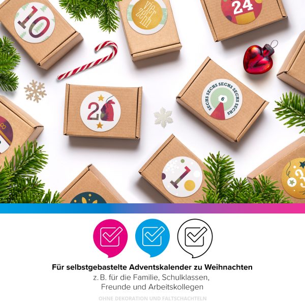 Adventskalender-Zahlen Aufkleber 1 bis 24 / Bunter Moderner Mix / Etiketten / Sticker / Weihnachtskalender / Advent / Rund / DIY / zum Aufkleben – Bild 4