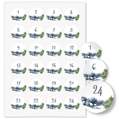 Adventskalender-Zahlen Aufkleber 1 bis 24 / Winterlandschaft Aquarell / Etiketten / Sticker / Weihnachtskalender / Advent / Rund / DIY / zum Aufkleben