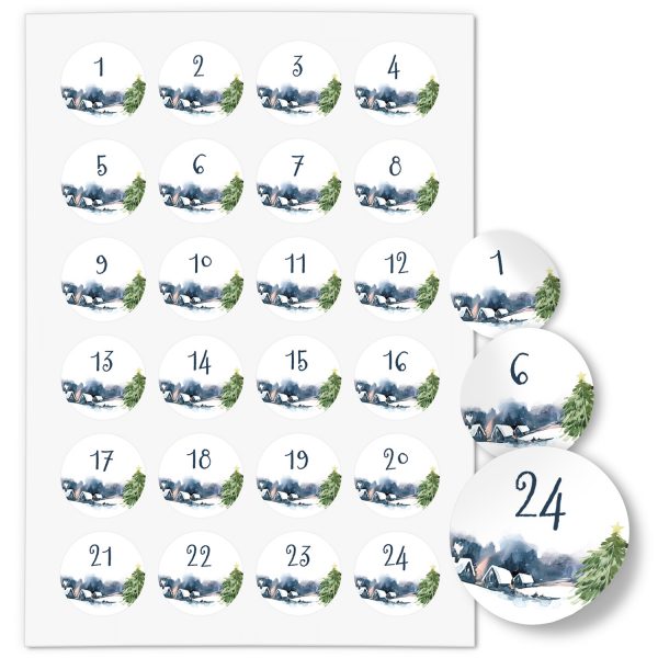 Adventskalender-Zahlen Aufkleber 1 bis 24 / Winterlandschaft Aquarell / Etiketten / Sticker / Weihnachtskalender / Advent / Rund / DIY / zum Aufkleben