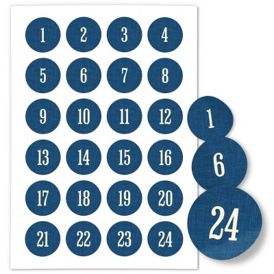 Adventskalender-Zahlen Aufkleber 1 bis 24 / Schlicht auf Blau / Etiketten / Sticker / Weihnachtskalender / Advent / Rund / DIY / zum Aufkleben