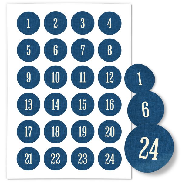 Adventskalender-Zahlen Aufkleber 1 bis 24 / Schlicht auf Blau / Etiketten / Sticker / Weihnachtskalender / Advent / Rund / DIY / zum Aufkleben