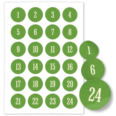Adventskalender-Zahlen Aufkleber 1 bis 24 / Schlicht auf Grün / Etiketten / Sticker / Weihnachtskalender / Advent / Rund / DIY / zum Aufkleben