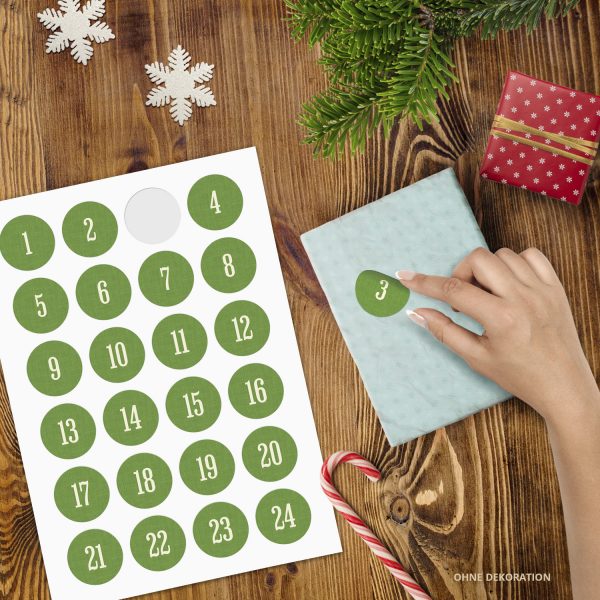 Adventskalender-Zahlen Aufkleber 1 bis 24 / Schlicht auf Grün / Etiketten / Sticker / Weihnachtskalender / Advent / Rund / DIY / zum Aufkleben – Bild 2